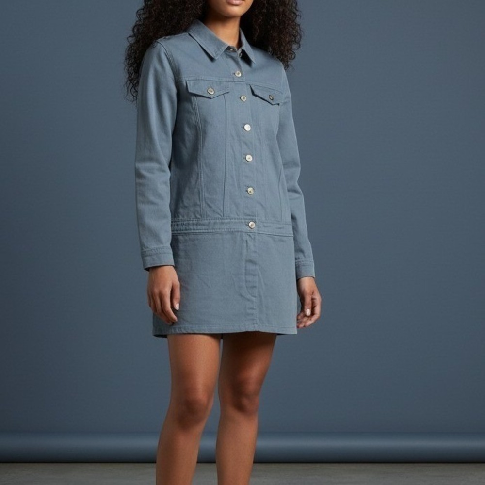 Zara - Women's - Large - Dress - Blue - Denim- Button - Cotton - 32" Long